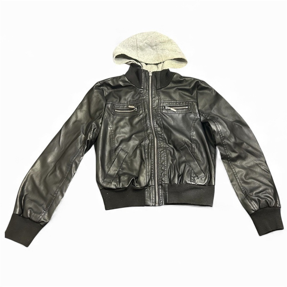 New Look Girls Large Black Faux Leather Moto Jacket Gray Hood Zip Bomber